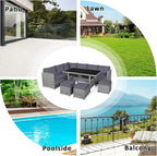 Tangkula 7 Pieces Patio Furniture Set, Outdoor Sectional Rattan Dining Sofa Set with Cushions, All Weather Wicker Conversation Couch Set with Dining Table & Ottomans for Yard Garden Poolside, Grey