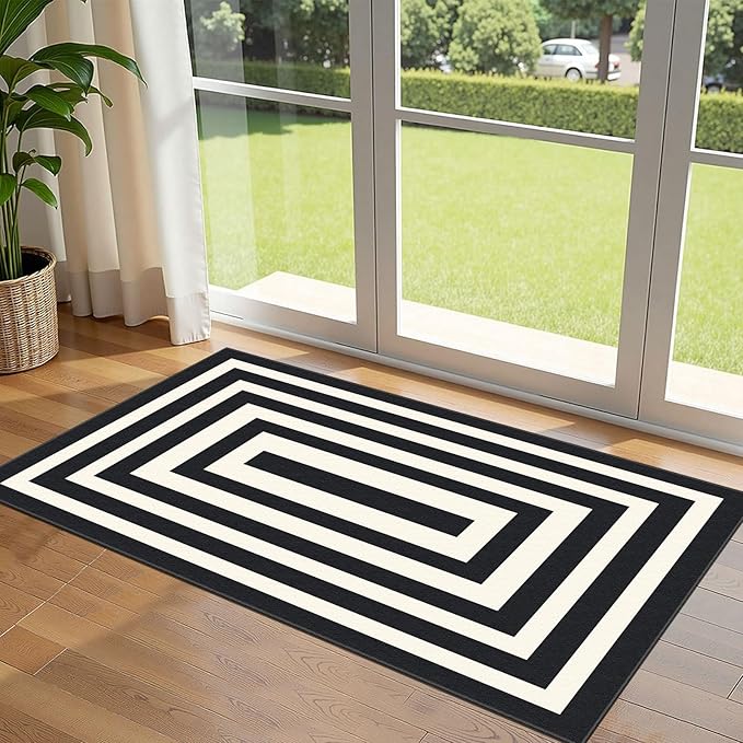 Outdoor Rug Black Ivory Geometric Front Door Mat, 2x4.3 Ft