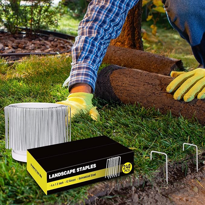 HongWay 240 Pack 4 Inch Landscape Staples, Garden Staples 12 Gauge Galvanized Ground Stakes Lawn Yard Staples SOD U-Shaped Pins for Landscaping Fabric, Irrigation Tubing Hose