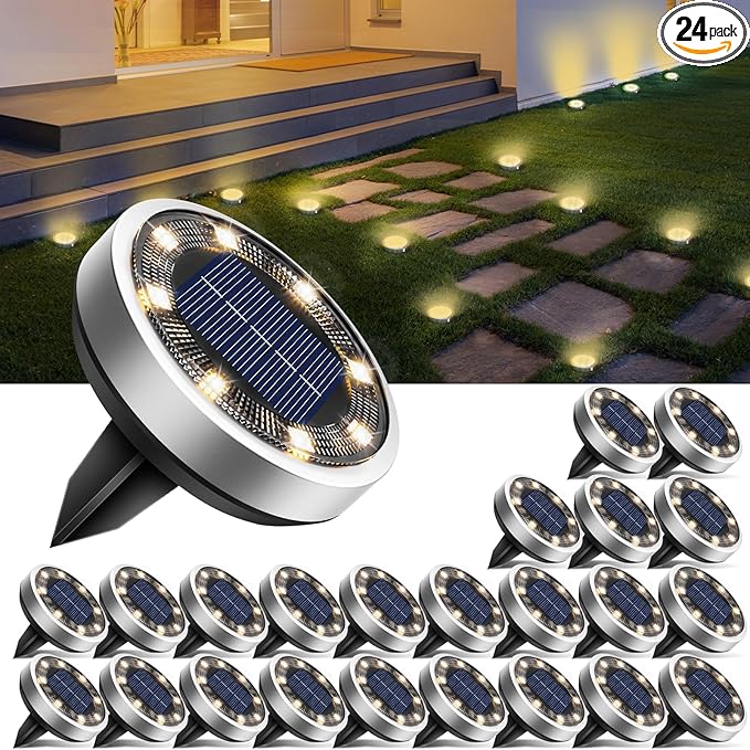btfarm 24 Pack Solar Lights Outdoor, 8 LED Solar Ground Lights IP65 Waterproof Flat Solar Disc Light, Pathway Lights for Garden Lawn Patio Yard Path Landscape, Warm White