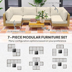 Outsunny 7 Piece Wicker Patio Furniture Set, Modular Outdoor Sectional with Thickened Cushions, Rattan Outdoor Furniture Conversation Set with Slatted Acacia Wood Table for Backyard, Khaki/Beige