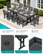 SERWALL 11 Piece Outdoor Dining Set, 84" HDPE Outdoor Table and Chairs for 10，All Weather Patio Furniture Set with Umbrella Hole for Backyard, Garden, Black