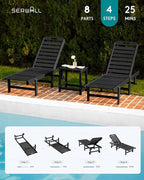 SERWALL Outdoor Chaise Lounge Set of 6, HDPE Pool Lounge Chair with 5-Position Adjustable Backrest, Patio Lounger with Rolling Wheels & Cup Holder for Pool, Black