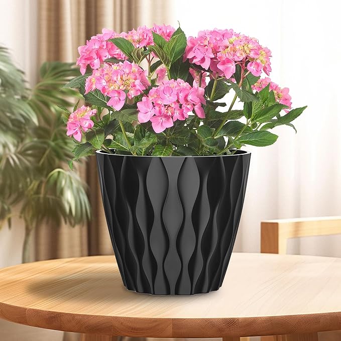 6 Pack 7 Inch Indoor Plant Pots with Drainage Holes, Outdoor Plastic Decorative Flower Pots, Garden Planters with Tray Saucers for Orchids, Violets, Succulents, Herbs, and Other Plants