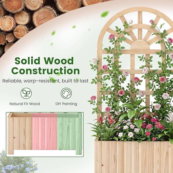 Giantex Wooden Raised Garden Bed with Arched Trellis Set 2, 48” Fir Wood Outdoor Elevated Planter Box Privacy Screen w/Drainage Hole, Vertical Garden Bed for Climbing Plants, Patio Balcony Backyard