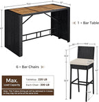 Yaheetech 7 Piece Patio Dining Set Outdoor Acacia Wood Bar Table and Chairs with Removable Cushions, Wicker Furniture Set for Deck, Backyard, Garden, Black/Beige