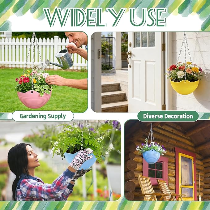 Bvrbaory 8 Pack Multicolor Hanging Planter Pots,8 Colors Garden Hanging Planters,Round Hanging Basket Pot for Indoor Outdoor Garden,Home Decor,with Water Tray Metal Chain