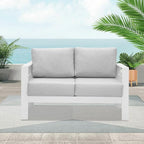 Wisteria Lane Patio Furniture Aluminum Loveseat, All-Weather Outdoor 2 Seats Sofa Couch, White Metal Chair with Light Grey Cushions