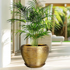 Ceramic Planter 10 Inch - Indoor Plant Pot with Drainage Hole and Saucer Large Decorative Planter Mid-Century Modern Flower Pot Outdoor for Home Decor Gold