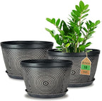 Quarut 10 Inch Flower Pots for Outdoor Indoor, 3 Pack Plastic Plant Pots with Drainage Hole & Tray, Modern Decorative Garden Pot with Saucer, planters for House (Brown)