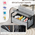 RELAX4LIFE Wicker Outdoor Bench with Storage - Rattan Deck Box w/Protective Liner for Pillows, Pool Supplies, Garden Tools, Patio Loveseat with Seat Cushion & Metal Armrests for Backyard Porch Balcony
