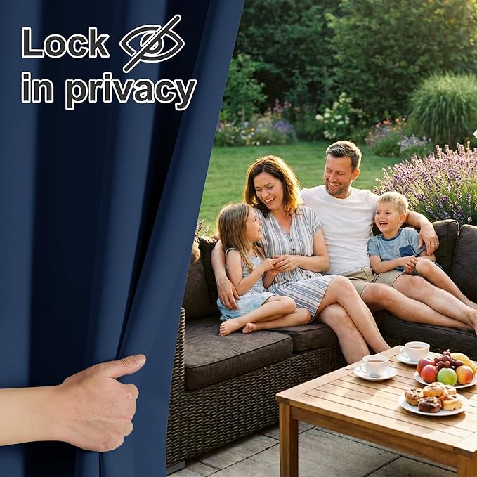 RYB HOME Extra Wide Outdoor Curtains for Patio Waterproof Heavy Duty Thermal Insulated in Summer Full Coverage Privacy for Gazebo, Cabana & Pergola, W100" x L90", Navy Blue, 1 Panel