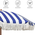 AMMSUN 7ft Patio Umbrella with Fringe Outdoor Tassel Umbrella UPF50+ Wood Color Steel Pole and Steel Ribs Push Button Tilt, Navy Stripe