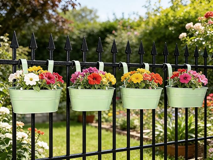 Balcony Hanging Planters Flower Pots, 10" Metal Flower Pots for Outdoor Balcony Rails, Fence Pot Hanging Plant Holders with Detachable Hooks for Garden Patio Yard Decor (Mint Green, 4Pcs)