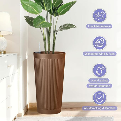 24in Tall Self-Watering Planters Set of 2 - Brown Flower Pots with Water Level Monitor, Non-Toxic Plastic Planters for Indoor Outdoor Patio, Porch, Living Room, Home Office