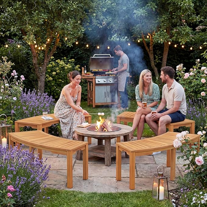 Tangkula Outdoor Curved Bench, Acacia Wood Fire Pit Bench w/Slatted Seat, Patio Backless 2-Person Seating for Porch, Yard, Garden, 800 LBS Max Load, Oil Painted (4, 45")