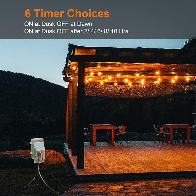 SURAIELEC Outdoor Power Stake Light Timer, Dusk to Dawn, 6 Electrical Outlet Power Strip Weatherproof, 6FT Extension Cord Multiple Outlet for Patio Lights, Sprinkler, Garden, Christmas Decorations