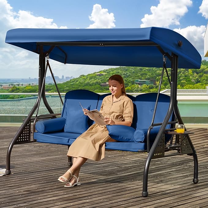 3 in 1 Outdoor Porch Swing with Adjustable Canopy, 3 Seat Outdoor Swing for Adults, Patio Swing Chair with Thickened Cushions,Pillows & Cup Holders for Backyard, Porch, Garden (Blue)