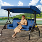 3 in 1 Outdoor Porch Swing with Adjustable Canopy, 3 Seat Outdoor Swing for Adults, Patio Swing Chair with Thickened Cushions,Pillows & Cup Holders for Backyard, Porch, Garden (Blue)