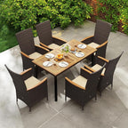 Tangkula 7 Pieces Rattan Outdoor Dining Set for 6, Outdoor Acacia Wood Table Set with 6 Cushioned Wicker Chairs, Umbrella Hole, Patio Dining Furniture Set for Deck Pool Backyard