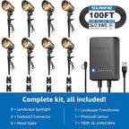 SUNVIE All-in-One Low Voltage Landscape Lighting Kit, 6W Landscape Lights Wired Aluminum 3000K with Transformer 100FT Wire, 12-24V Waterproof Outdoor Spotlight for Garden Yard House Tree, 8 Pack