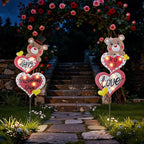 Lewondr 2 Pcs Valentine's Day Decorations Outdoor, Metal Solar Pathway Lights, Love Bear Decorative Garden Stakes Lights with 12 LED Beads, Waterproof Yard Signs for Porch Lawn Wedding Anniversary