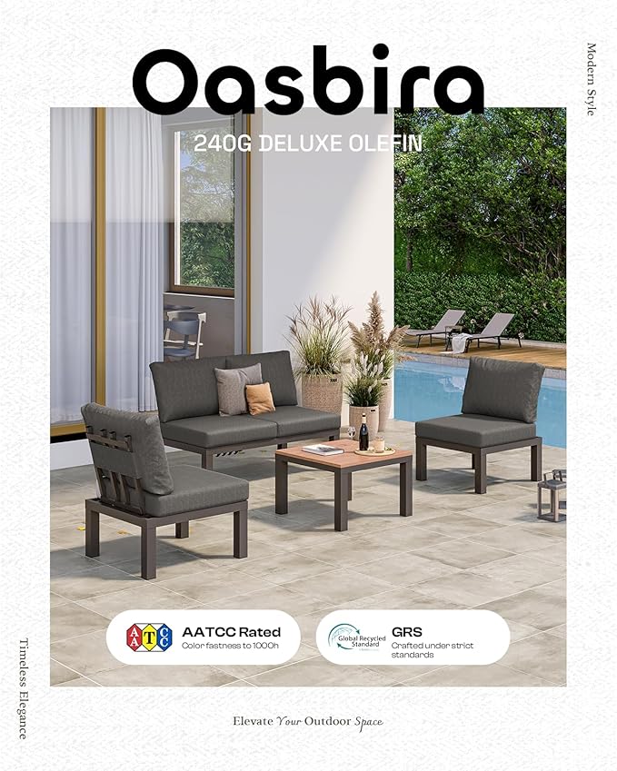 Aluminum Outdoor Patio Furniture Set, 4 Seats Modular Patio Sectional Sofa Set with Adjustable Backrest & Removable Cushions, All-Weather Outdoor Conversation Sets for Garden & Yard, Graphite