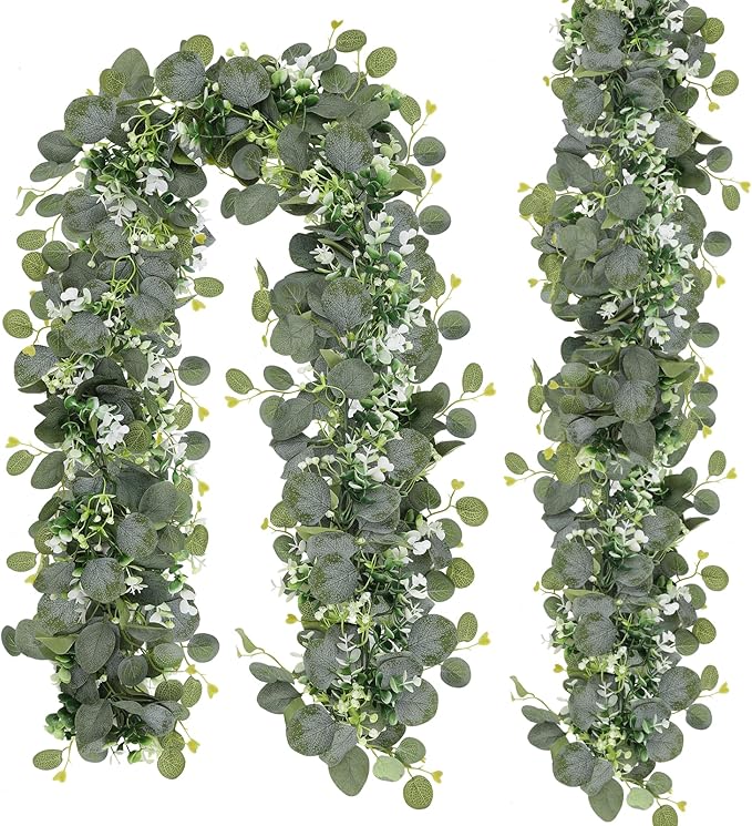 Artificial Eucalyptus Garland with White Blooms, 2 Pieces, 6 Ft Long