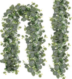 Artificial Eucalyptus Garland with White Blooms, 2 Pieces, 6 Ft Long