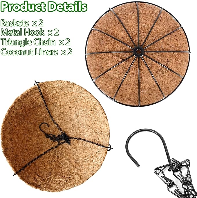 Hanging Baskets Planter for Plants - 2 Pack 14 Inch Metal Baskets with Coco Coir Liner, Hanging Flower Pots for Outside with Chain, Indoor Outdoor Garden Porch Decoration (14'' Pack of 2)