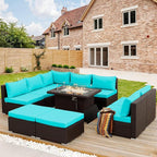 NICESOUL10 Piece Outdoor Couch Furniture Set with Fire Pit Natural Gas/Propane, 29.3'' High Back Luxury Comfortable Conversations, Deep Wide Seating Sofa Sectional, Brown and Turquoise