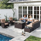 ALAULM Patio Furniture Set with 2 Swivel Chairs, Outdoor Sectional with 55000 BTU Fire Pit Table and Wide Seat, 11 Pieces Wicker Rattan Conversation Set with Coffee Table for Garden, Deck, Sand