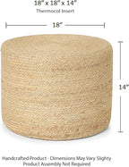 REDEARTH · Cylindrical Pouf Foot Stool Ottoman - Jute Braided Pouffe Poof Accent Sitting Footrest for Living Room, Bedroom, Nursery, Patio, Lounge & Other Rooms (Natural, 18"X18"X14")