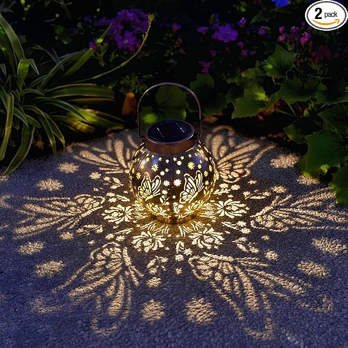 2 Pack Outdoor Solar Hanging Lantern Lights Metal LED Decorative Lamp for Garden Patio Courtyard Lawn and Table with Hollowed-Out Design (Bronze Butterfly)