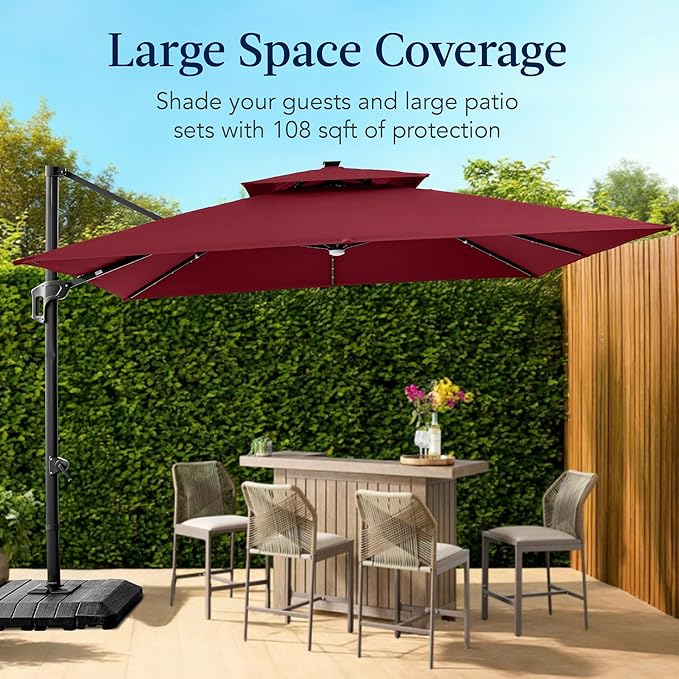 Best Choice Products 9x12ft LED Cantilever Patio Umbrella w/Base Included & 360° Rotation, Large Solar Offset Hanging Outdoor Sun Shade for Deck, Backyard Table w/Stand & Lights – Burgundy