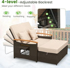 Tangkula Patio Rattan Daybed with 4-Level Adjustable Backrest, Outdoor Wicker Loveseat with Acacia Wood Armrest, Storage Ottoman & Folding Tray, Double Sunbed Lounger for Balcony, Backyard & Poolside
