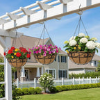 Outdoor Metal Hanging Planters Basket (4pack, 12 inch) Hanging Baskets for Plants Chain Round Wire Plant Holder with Coco Fiber Liners for Garden, Patio, Deck, Porch(Flower Border)