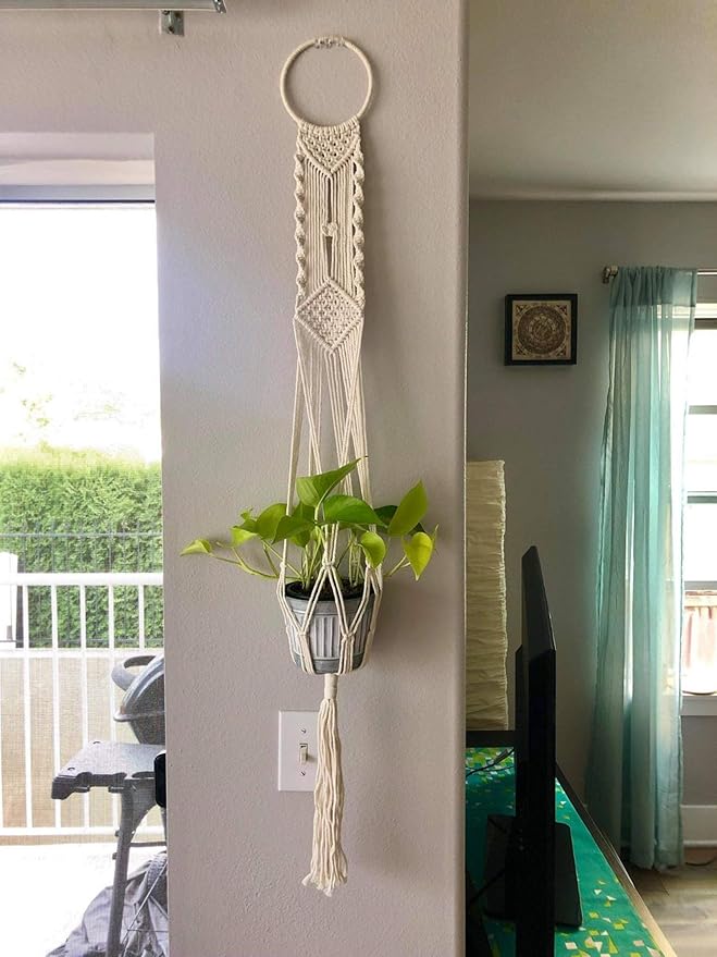 Cuttte Macrame Plant Hanger, Indoor Outdoor Hanging Planter Basket, Hanging Plant Holders, Decorative Macrame Hangers, 4 Legs 43.3 Inch, Cream Color, Boho Decor