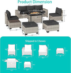 9-Piece Outdoor Patio Furniture Set with 55,000 BTU Fire Pit Table, PE Wicker Rattan Sectional Sofa Patio Conversation Set with Ottomans & Coffee Table, Dark Grey