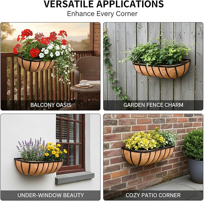 16“ Window Box Railing Planter with Coco Liner Metal Wall-Mounted Coconut Liner Planter Basket English Horse Trough Planters for Outdoor Deck Balcony Porch Fence Patio Black (2 Pack)