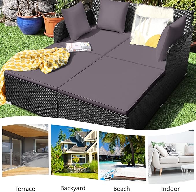Outdoor Rattan Daybed, Patio Loveseat Sofa Set w/Comfortable Cushions, Extra Pillows & Metal Foot, Sunbed Wicker Furniture for Yard/Poolside/Living Room/Garden/Porch, Grey