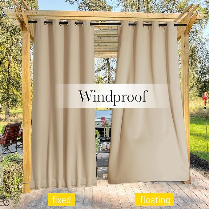 NICETOWN 2 Panels Outdoor Curtains for Patio Waterproof & Windproof, Thermal Insulated Top & Bottom Grommet & Back Tab Light Block Outdoor Drapes with Bouns Rope for Fixed, Biscotti Beige, W84 by L84