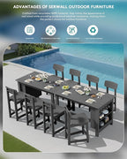 SERWALL 3-Piece Outdoor Counter Height Bar Set, HDPE Patio Bar Table with Wine Rack & Storage Shelf, 2 All-Weather Bar Stools, Patio Bar Dining Furniture Set for 3, Grey
