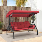 HOMREST 3 Seat Outdoor Porch Swing with Adjustable Canopy, Convertible Patio Swing Bed with Stand, Patio Glider Swing with Upgraded Cup Holder, Thicken Cushions ＆ Pillow for Backyard (Wine Red)