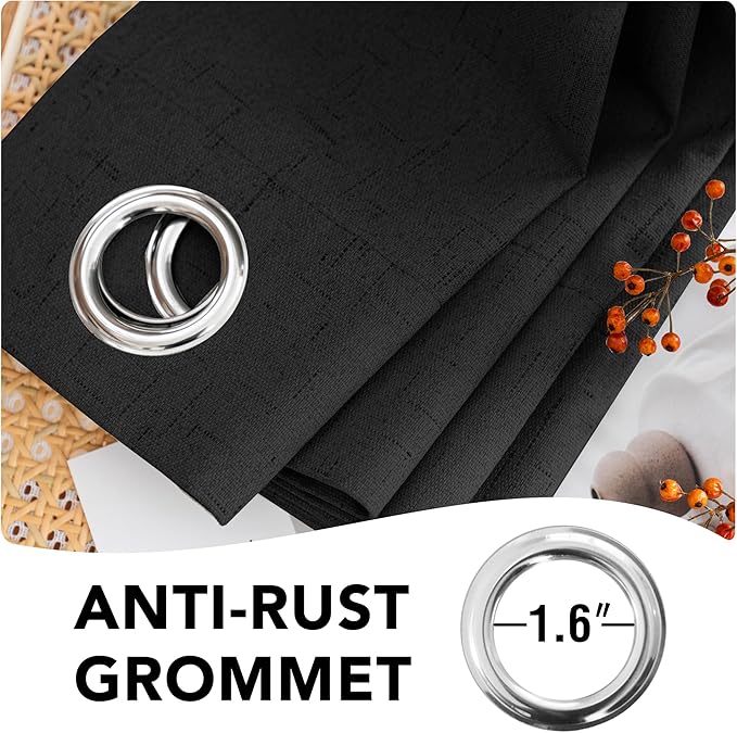 H.VERSAILTEX Linen Blackout Curtains 63 Inches Long 100% Blackout Thermal Insulated Textured Linen Look Curtain Draperies Anti-Rust Grommet, Energy Saving with White Liner, 2 Panels, Black