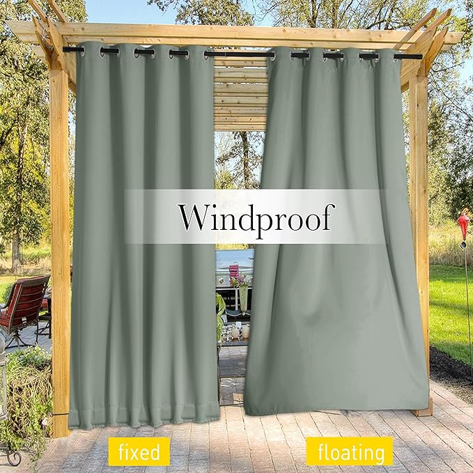NICETOWN 2 Panels Outdoor Curtains for Patio Waterproof & Windproof, Extra Wide Grommet & Back Tab on Top & Bottom Thermal Insulated Sun Blocking Drapes with Rope for Gazebo, Sage Green, W100 x L95
