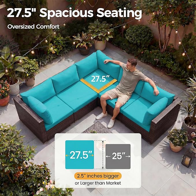 NICESOUL10 Piece Outdoor Couch Furniture Set with Fire Pit Natural Gas/Propane, 29.3'' High Back Luxury Comfortable Conversations, Deep Wide Seating Sofa Sectional, Brown and Turquoise