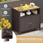Tangkula Rattan Outdoor Storage Cabinet, Patiojoy Outdoor Cabinet with Acacia Wood Countertop, Open Compartment, 2-Door Wicker Sideboard, Outdoor Bar for Patio Garden Backyard Poolside (Mix Brown)