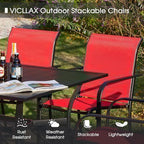 VICLLAX Large Patio Dining Furniture Set, Outdoor Dining Set for 10-60" Round Outdoor Table and Patio Stackable Chairs, Black Tabletop and Red Fabric