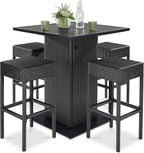 Best Choice Products 5-Piece Outdoor Wicker Bar Table Set for Patio, Poolside, Backyard w/Built-in Bottle Opener, Hidden Storage Shelf, Metal Tabletop, 4 Stools - Black